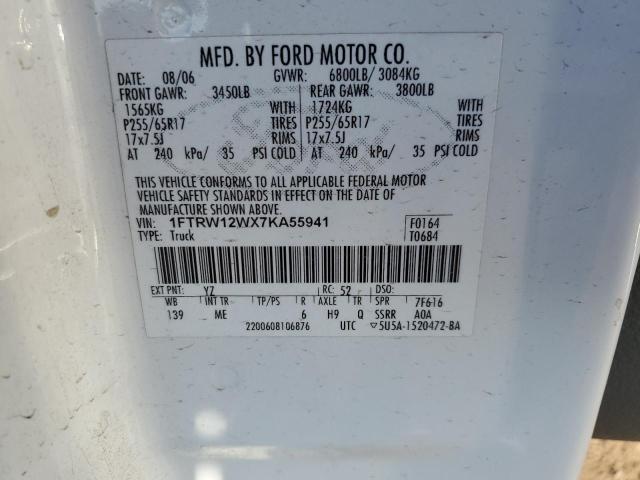 1FTRW12WX7KA55941 - 2007 FORD F150 SUPERCREW WHITE photo 12