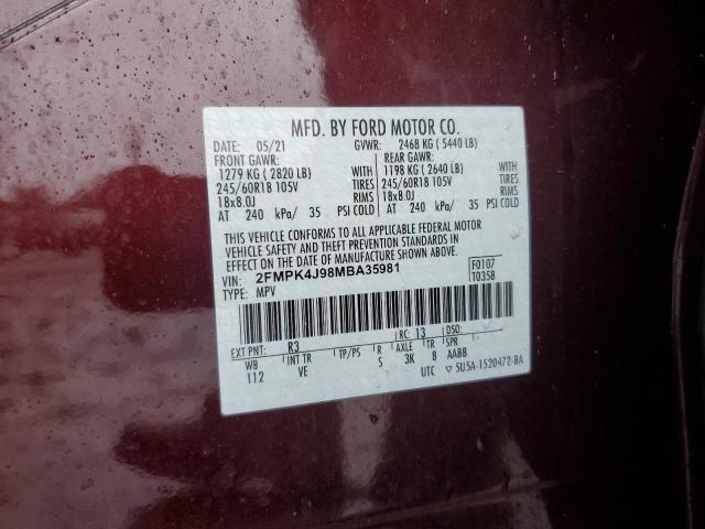 2FMPK4J98MBA35981 - 2021 FORD EDGE SEL BURGUNDY photo 12