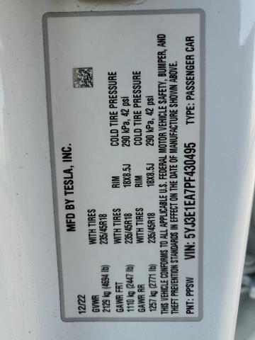5YJ3E1EA7PF430495 - 2023 TESLA MODEL 3 Білий фото 12
