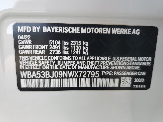 WBA53BJ09NWX72795 - 2022 BMW 540 I WHITE photo 12