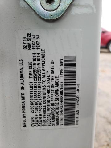 5FNRL6H98KB076607 - 2019 HONDA ODYSSEY ELITE Weiß Foto 12