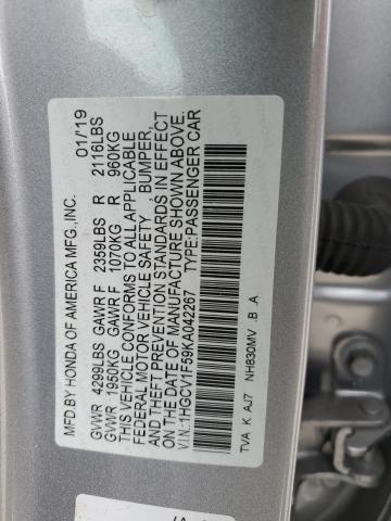 1HGCV1F59KA042267 - 2019 HONDA ACCORD EXL GRAY photo 12