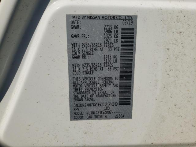 5N1DR2MM7KC612709 - 2019 NISSAN PATHFINDER S WHITE photo 12