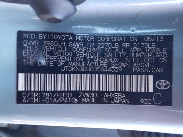 JTDKN3DU0D5644339 - 2013 TOYOTA PRIUS WHITE photo 12