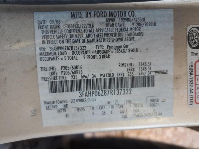 3FAHP06Z87R137322 - 2007 FORD FUSION S BEIGE photo 12