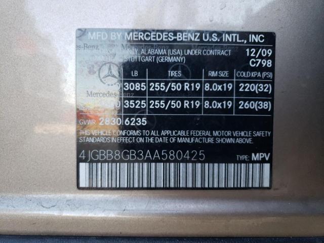 4JGBB8GB3AA580425 - 2010 MERCEDES-BENZ ML 350 4MATIC GOLD photo 12