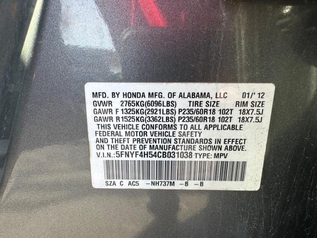 5FNYF4H54CB031038 - 2012 HONDA PILOT EXL GRAY photo 10