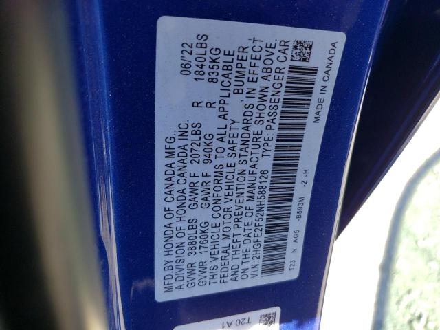 2HGFE2F52NH588126 - 2022 HONDA CIVIC SPORT 蓝色 照片 12
