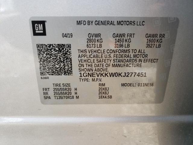 1GNEVKKW0KJ277451 - 2019 CHEVROLET TRAVERSE PREMIER SILVER photo 13