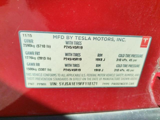 5YJSA1E19FF118121 - 2015 TESLA MODEL S Qırmızı foto 13