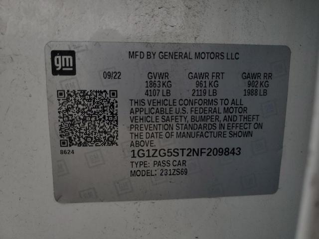 1G1ZG5ST2NF209843 - 2022 CHEVROLET MALIBU RS 白色 照片 13