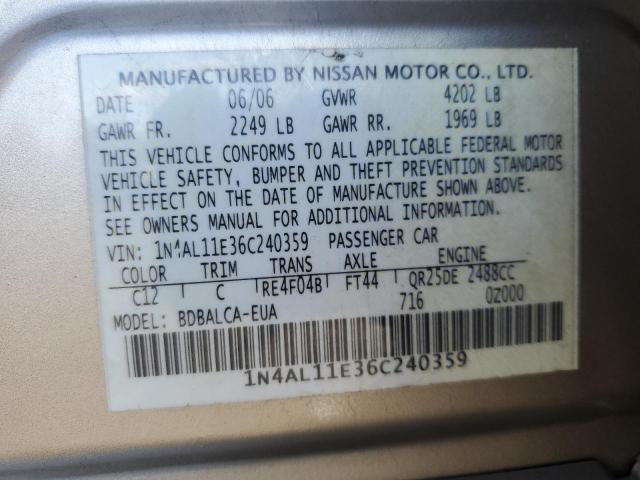 1N4AL11E36C240359 - 2006 NISSAN ALTIMA S BEIGE photo 12