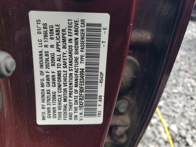 19XFB2F90FE034994 - 2015 HONDA CIVIC EXL RED photo 12