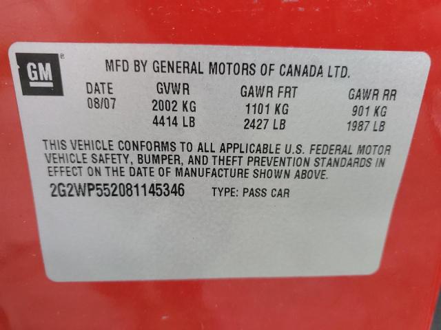 2G2WP552081145346 - 2008 PONTIAC GRAND PRIX 红色 照片 12