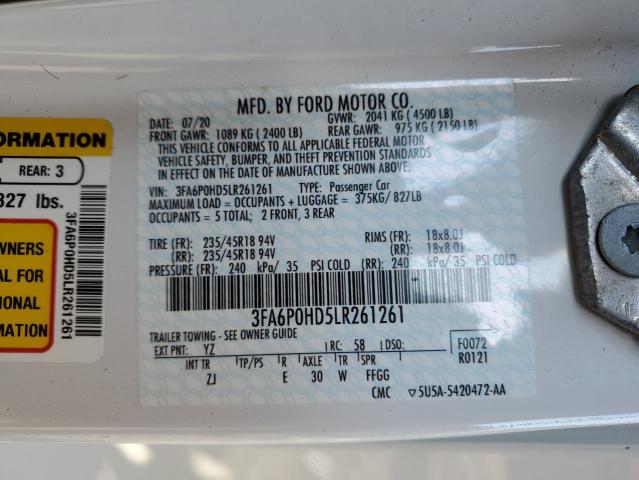 3FA6P0HD5LR261261 - 2020 FORD FUSION SE WHITE photo 13