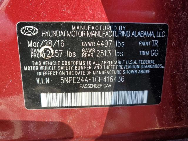 5NPE24AF1GH416436 - 2016 HYUNDAI SONATA SE RED photo 10