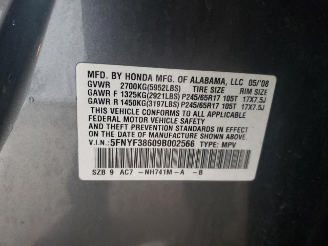 5FNYF38609B002566 - 2009 HONDA PILOT EXL GRAY photo 13