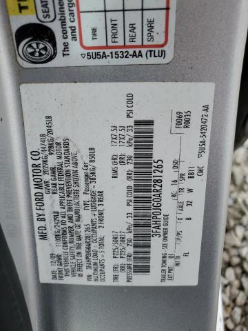 3FAHP0JG0AR281265 - 2010 FORD FUSION SEL SILVER photo 12