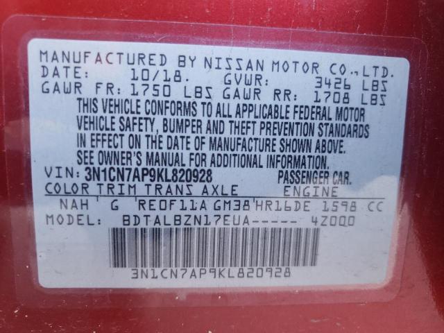 3N1CN7AP9KL820928 - 2019 NISSAN VERSA S RED photo 13