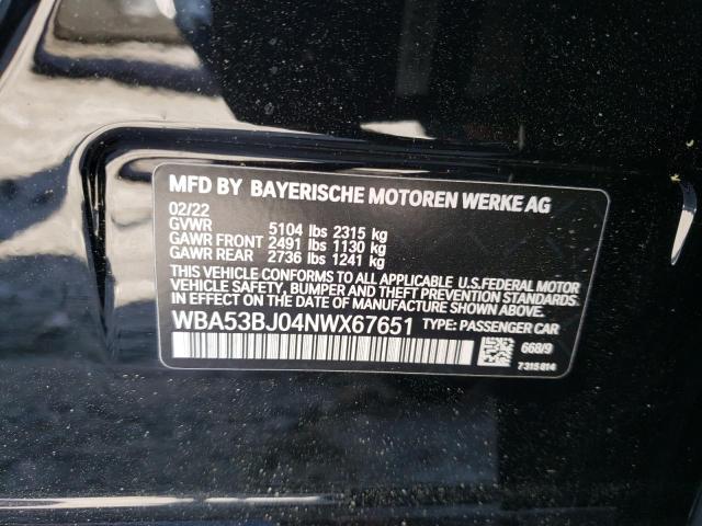 WBA53BJ04NWX67651 - 2022 BMW 540 I BLACK photo 12