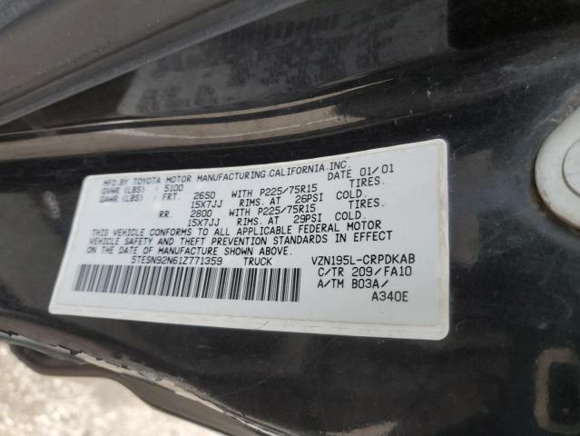 5TESN92N61Z771359 - 2001 TOYOTA TACOMA XTRACAB PRERUNNER შავი ფოტო 12