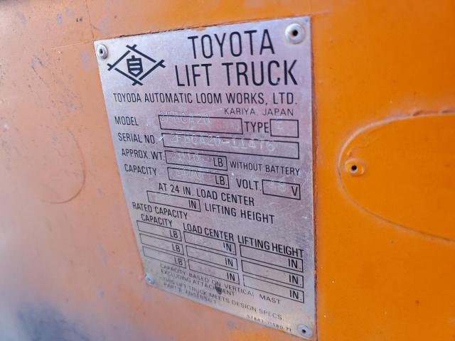 2FBCA2011476 - 1987 TOYOTA FORK LIFT ORANGE photo 10