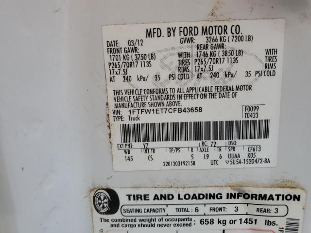 1FTFW1ET7CFB43658 - 2012 FORD F150 SUPERCREW WHITE photo 12