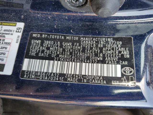 2T1KU4EE8AC244012 - 2010 TOYOTA COROLLA MA BLUE photo 12