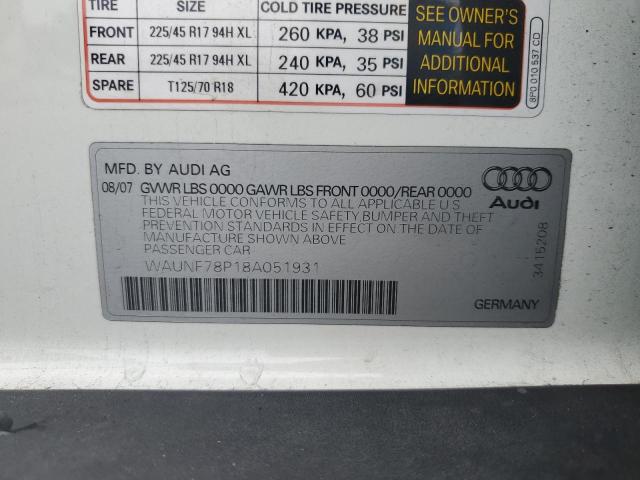 WAUNF78P18A051931 - 2008 AUDI A3 2.0 PREMIUM WHITE photo 12