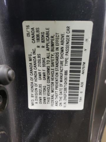 2HGFC3B71GH361886 - 2016 HONDA CIVIC EXL ნაცრისფერი ფოტო 12