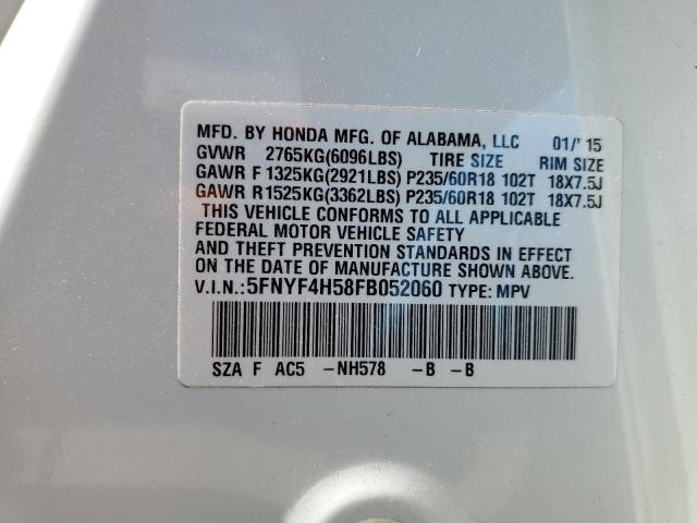 5FNYF4H58FB052060 - 2015 HONDA PILOT EXL SILVER photo 12