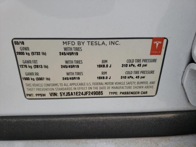 5YJSA1E24JF249085 - 2018 TESLA MODEL S Սպիտակ լուսանկար 12