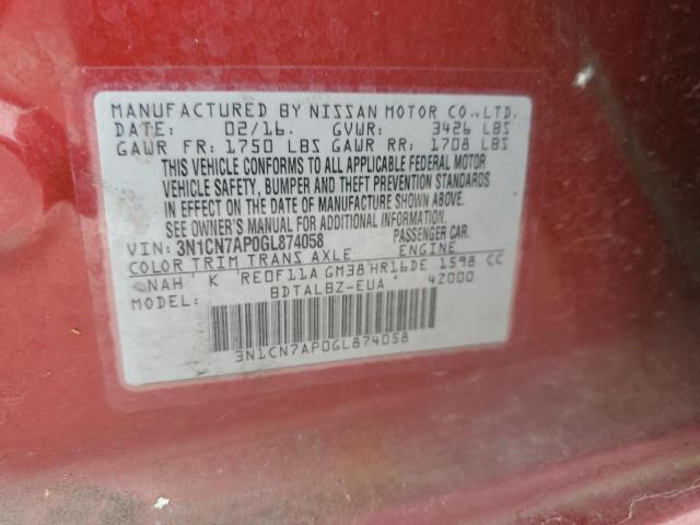 3N1CN7AP0GL874058 - 2016 NISSAN VERSA S RED photo 12