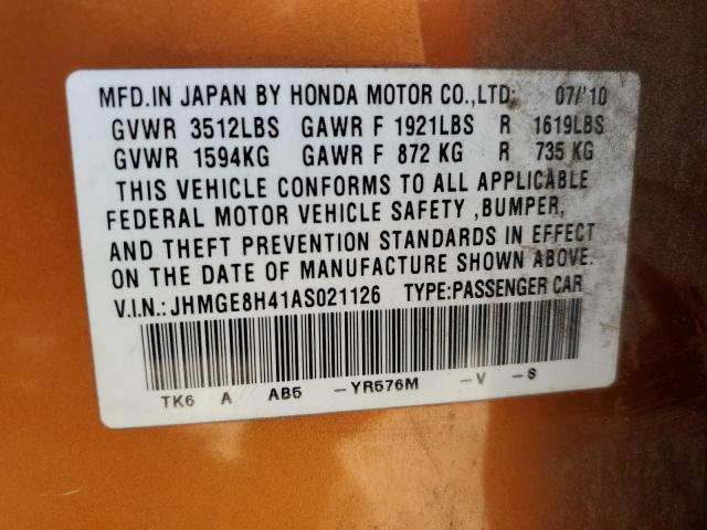 JHMGE8H41AS021126 - 2010 HONDA FIT SPORT ORANGE photo 13