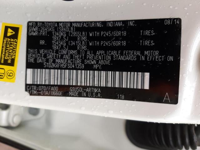 5TDZKRFH5FS041359 - 2015 TOYOTA HIGHLANDER LE WHITE photo 13