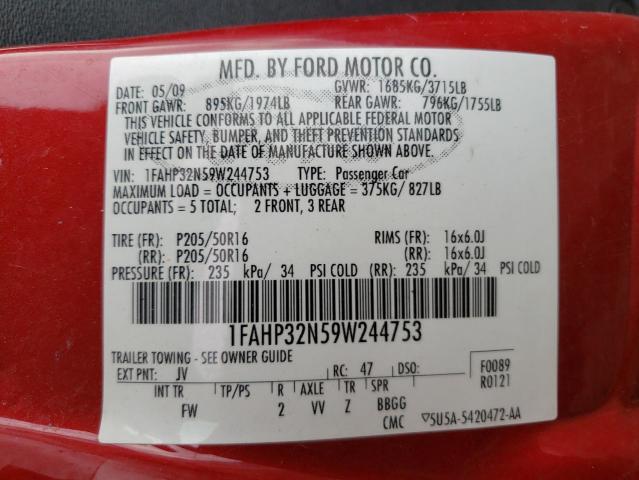 1FAHP32N59W244753 - 2009 FORD FOCUS SE RED photo 12