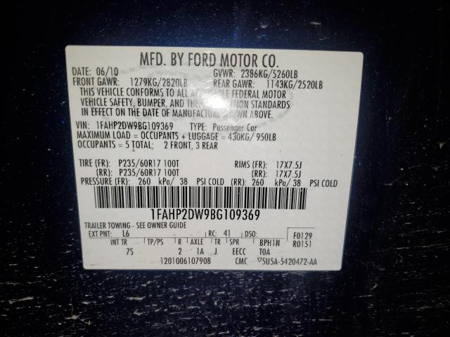 1FAHP2DW9BG109369 - 2011 FORD TAURUS SE BLUE photo 13