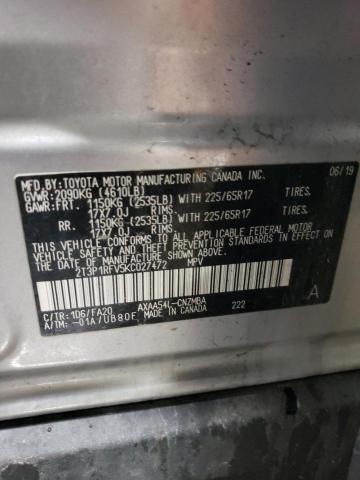 2T3P1RFV5KC027472 - 2019 TOYOTA RAV4 XLE SILVER photo 12