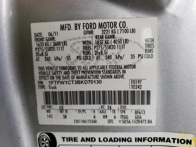 1FTFW1CT3BKD70130 - 2011 FORD F150 SUPERCREW SILVER photo 13