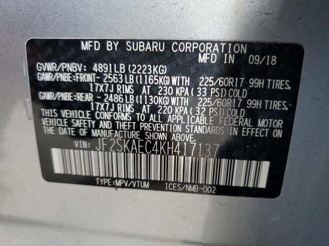 JF2SKAEC4KH417137 - 2019 SUBARU FORESTER PREMIUM SILVER photo 14