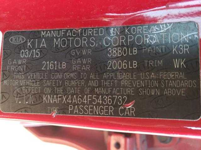 KNAFX4A64F5436732 - 2015 KIA FORTE LX RED photo 12