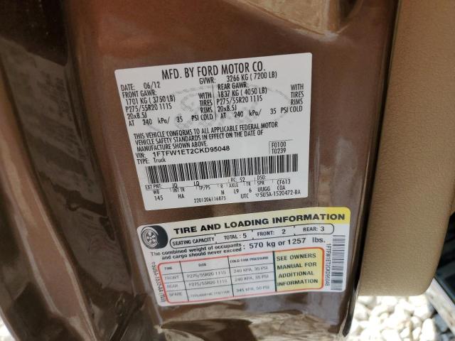 1FTFW1ET2CKD95048 - 2012 FORD F150 SUPERCREW BROWN photo 12