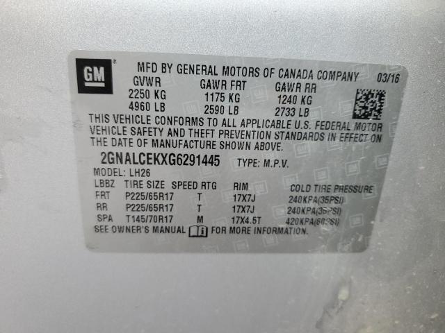 2GNALCEKXG6291445 - 2016 CHEVROLET EQUINOX LT SILVER photo 13