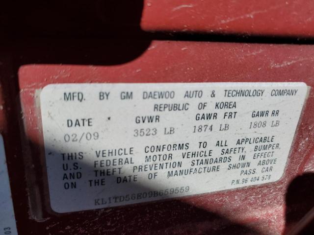 KL1TD56E09B659559 - 2009 CHEVROLET AVEO LS RED photo 12