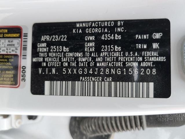 5XXG34J28NG156208 - 2022 KIA K5 EX WHITE photo 12