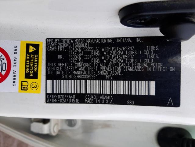 5TDZK3EH6CS089351 - 2012 TOYOTA HIGHLANDER BASE Ақ фото 13