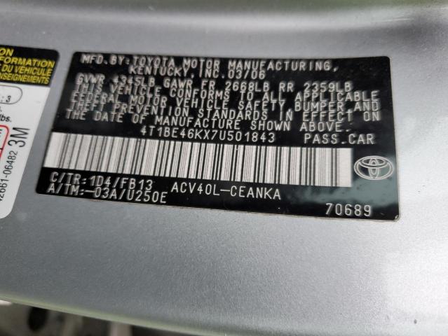 4T1BE46KX7U501843 - 2007 TOYOTA CAMRY CE SILVER photo 12