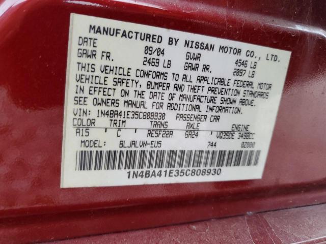 1N4BA41E35C808930 - 2005 NISSAN MAXIMA SE RED photo 12