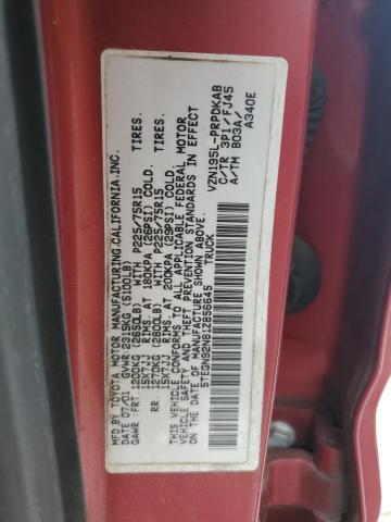 5TEGN92N81Z856645 - 2001 TOYOTA TACOMA DOUBLE CAB PRERUNNER RED photo 12