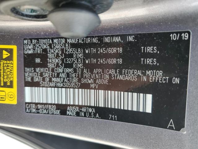 5TDZARFH6KS059527 - 2019 TOYOTA HIGHLANDER LE CHARCOAL photo 13